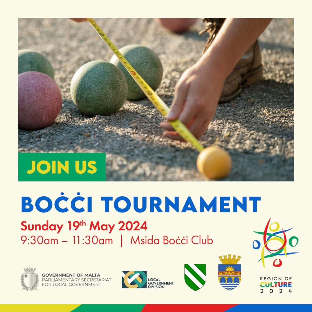 Sunday 19th May


Prepare yourselves for a fun educational morning into the traditional game of Boċċi! Join us on Sunday 19th May from 09:30 am until 11:30 am at Msida Boċċi Club for an engaging tournament and an educational session about Boċċi. The perfect opportunity for you to learn a new sport! Don’t miss out on the fun apply here!