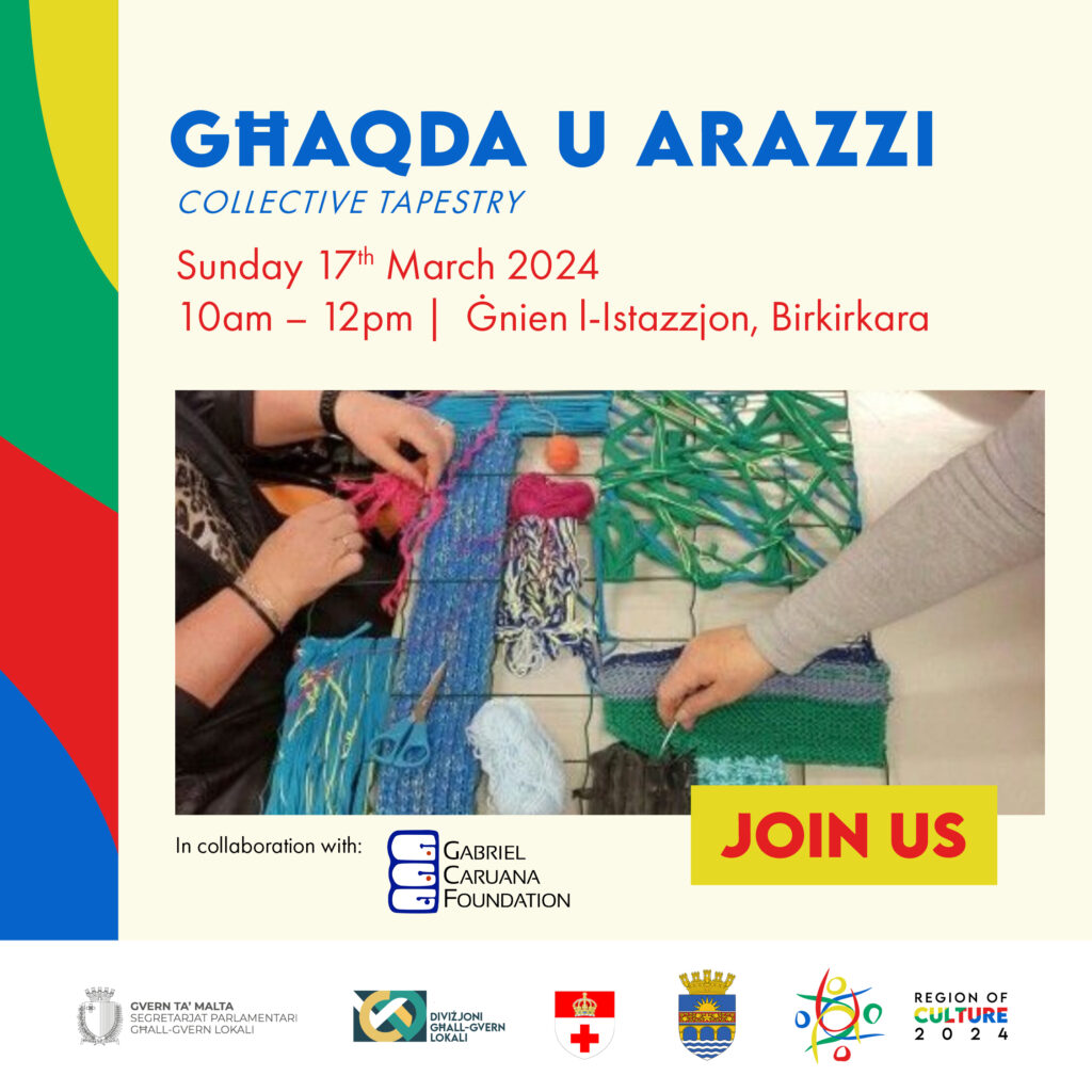 Join us on Sunday 17th March, between 10am till 12pm for Għaqda u Arazzi (Collective Tapestry) at Ġnien l-Istazzjon, Birkirkara. 

Let's revive traditional street games and create beautiful tapestry together!