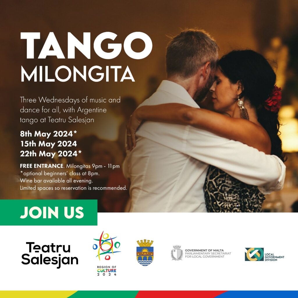 8th, 15th and 22nd May 2024

Experience the passion of Argentine Tango at 'Tango Milongita'! Join us on the 8th, 15th, and 22nd of May for 3 nights of dance led by international tutors and music, in collaboration with Teatru Salesjan. Open class at 8 PM, the event kicks off at 9 PM till 11 PM.